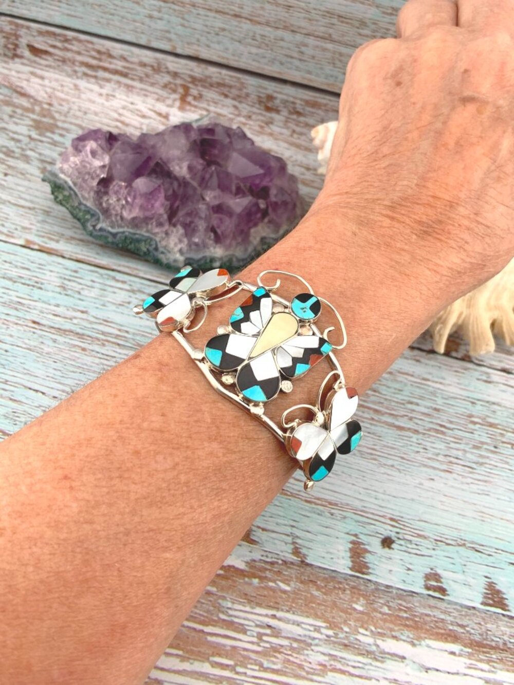Butterfly Stone Inlay Zuni Native American Cuff Bracelet 925 A. Dishta J1423 - Picture 5 of 11